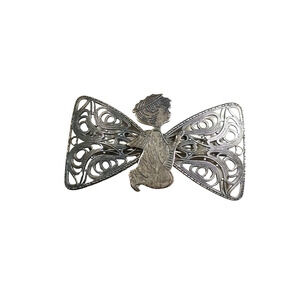 Hair Barrette Tension Clip Bow Angel Pewter Tone Church Modest